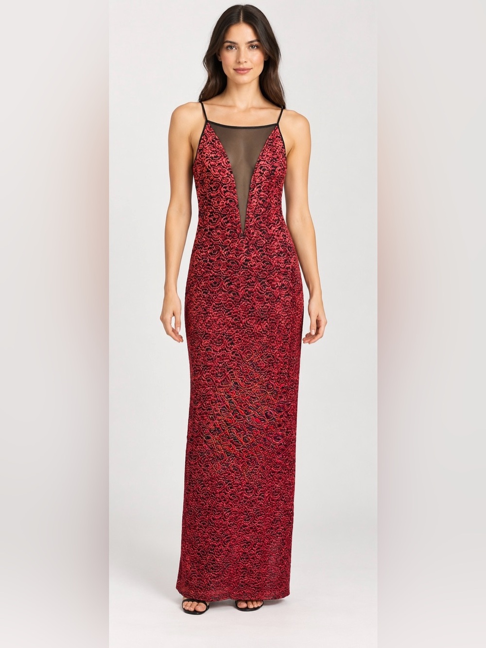 Vintage 90’s LorgeTiff Georgette Red Lace Illusion Plunge Maxi Dress
